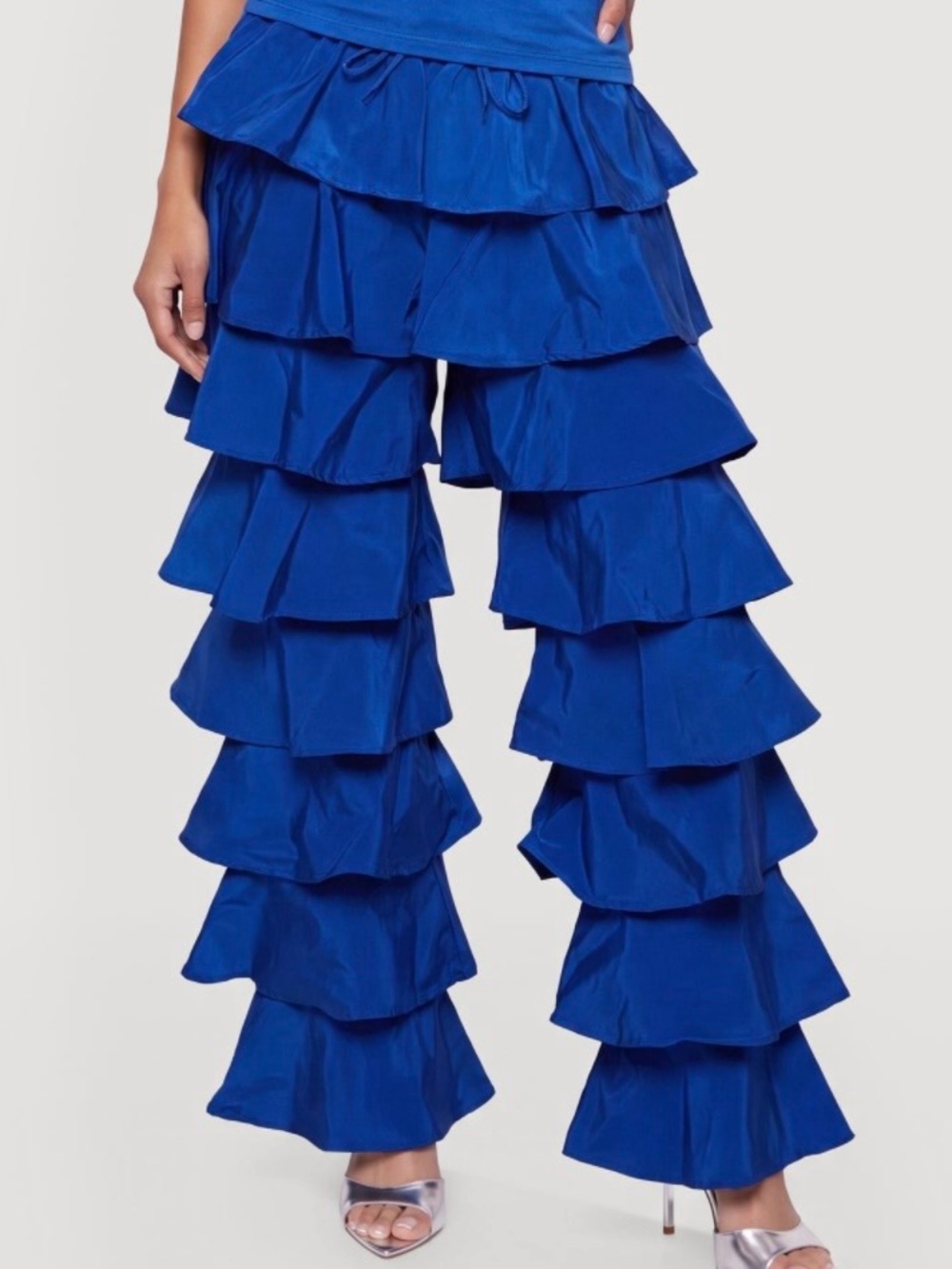 Blue Drawstring Elastic Waist Ruffled Tiered Baggy Pants size S